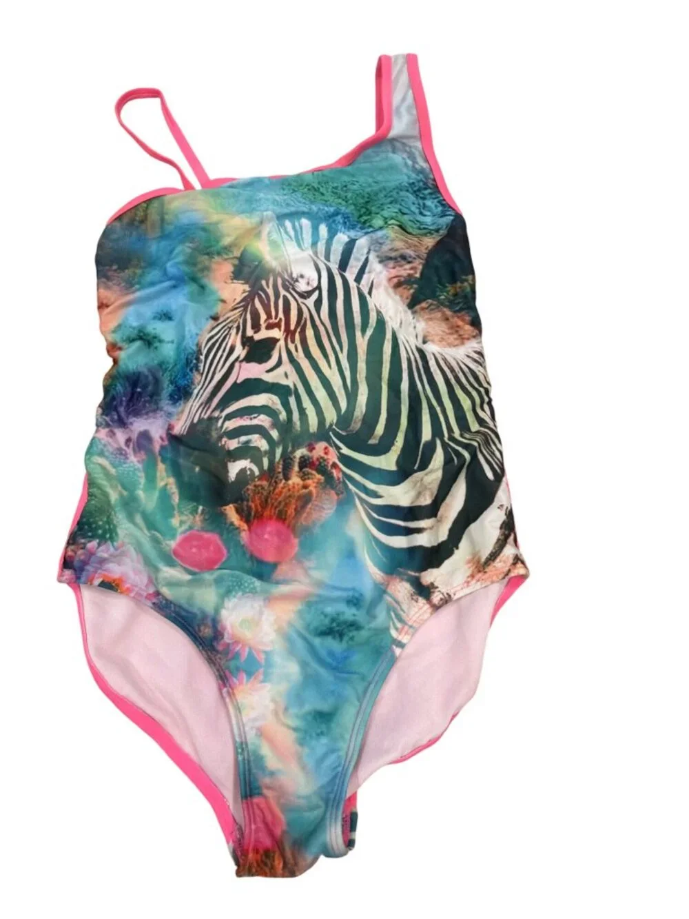 Cat & Jack Girls One-Piece Swimsuit With Zebra Print & Neon Pink Trim L 10/12